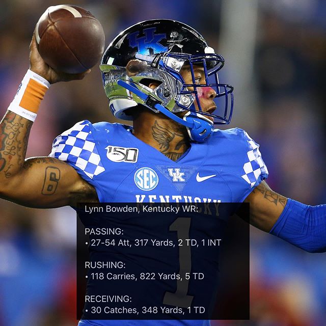 The most versatile player in the nation?
Kentucky WR, Lynn Bowden Jr. took over at QB for the Wildcats in Week 7, after then QB, Sawyer Smith went down with an injury the week prior, and he’s done it all.
-
In that time, Bowden has led the Wildcats to a 3-2 record with the losses to Tennessee and Georgia after losing 3 straight games prior to his appearance at Quarterback.
-
Check out some of these numbers...
• Week 7 | 24 carries, 196 yards, 2 TDs
• Week 9 | 21 carries, 204 yards, 2 TDs
• Week 12 | 17 carries, 110 yards, 1 TD
-
Oh, Bowden also leads the Wildcats in rushing and receiving yards and is only around 200 passing yards
 short of leading the team in all 3 major stat categories.
-
#LynnBowden #Kentucky #Wildcats #UK #BBN #Stats #BigBlueNation #SEC #ESPNCFB #ESPN #CFB #GoCats #FB #Explore #Nike  #CollegeGameday #CollegeFootball.