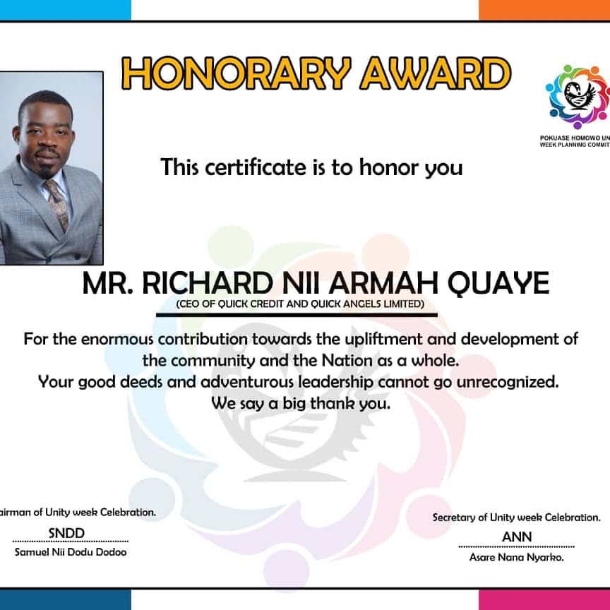 Last week ,I  received an honorary award from the  Pokuase Homowo Unity Committee  for my enormous contribution towards the upliftment and development of the (where I lived) community and the nation as a whole .  The award is in recognition of my adventurous leadership in supporting small and medium scale businesses with collateral and guarantor free loans as well as supporting entrepreneurs with equity financing 
I welcome this honor and will continue to contribute my quota to the development of Ghana and beyond.
God bless the Pokuase committee 
God bless Ghana